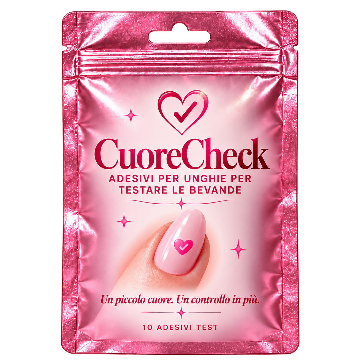 Confezione rosa Cuorecheck in italiano, con adesivi per unghie per testare le bevande.