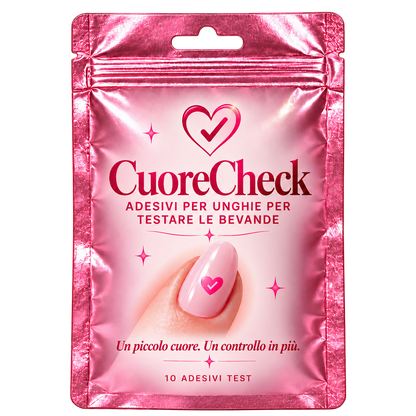 Confezione rosa Cuorecheck in italiano, con adesivi per unghie per testare le bevande.