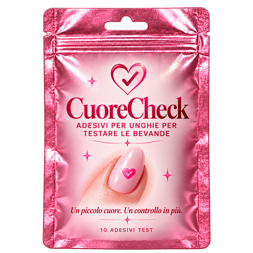 Confezione rosa Cuorecheck in italiano, con adesivi per unghie per testare le bevande.